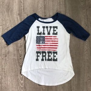 “Live free” American flag shirt.